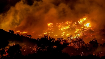 Ein Feuer brennt in der Gegend von Ahlia in der Nähe der Hafenstadt Ierapetra an der Südküste der Insel Kreta, was laut Behörden die Evakuierung von Dörfern und Hotels in der Region zur Folge hat. (Foto: STR/INTIME NEWS/AP/dpa-tmn)
