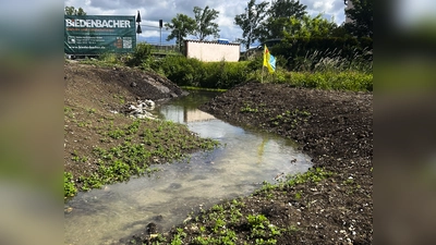 Die erste fertiggestellte Daueranlage: der verlängerte und nun mit Wasser gefüllte Bachlauf des Kühwasengrabens. (Foto: Bayerische Landesgartenschau Bad Windsheim 2027 GmbH)