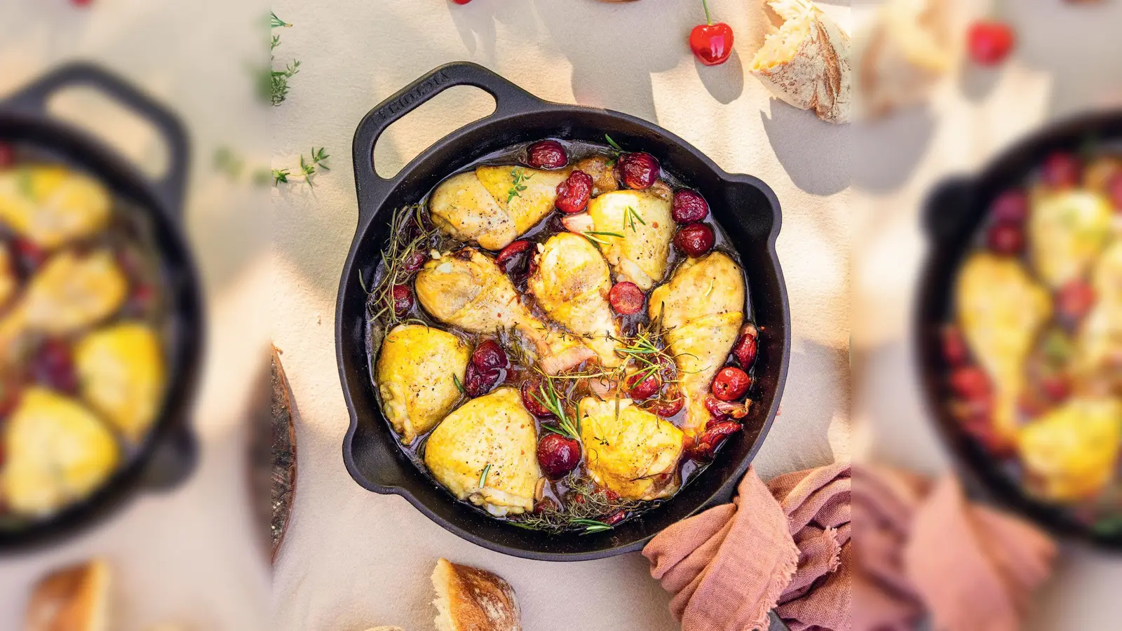 Das Rezept zum Gericht „Hähnchen in Balsamico-Kirsch-Soße“ stammt aus dem Kochbuch „Rezepte aus dem Cottage Garden“ von Annalena Bokmeier.  (Foto: Annalena Bokmeier/Hölker Verlag/dpa-tmn)