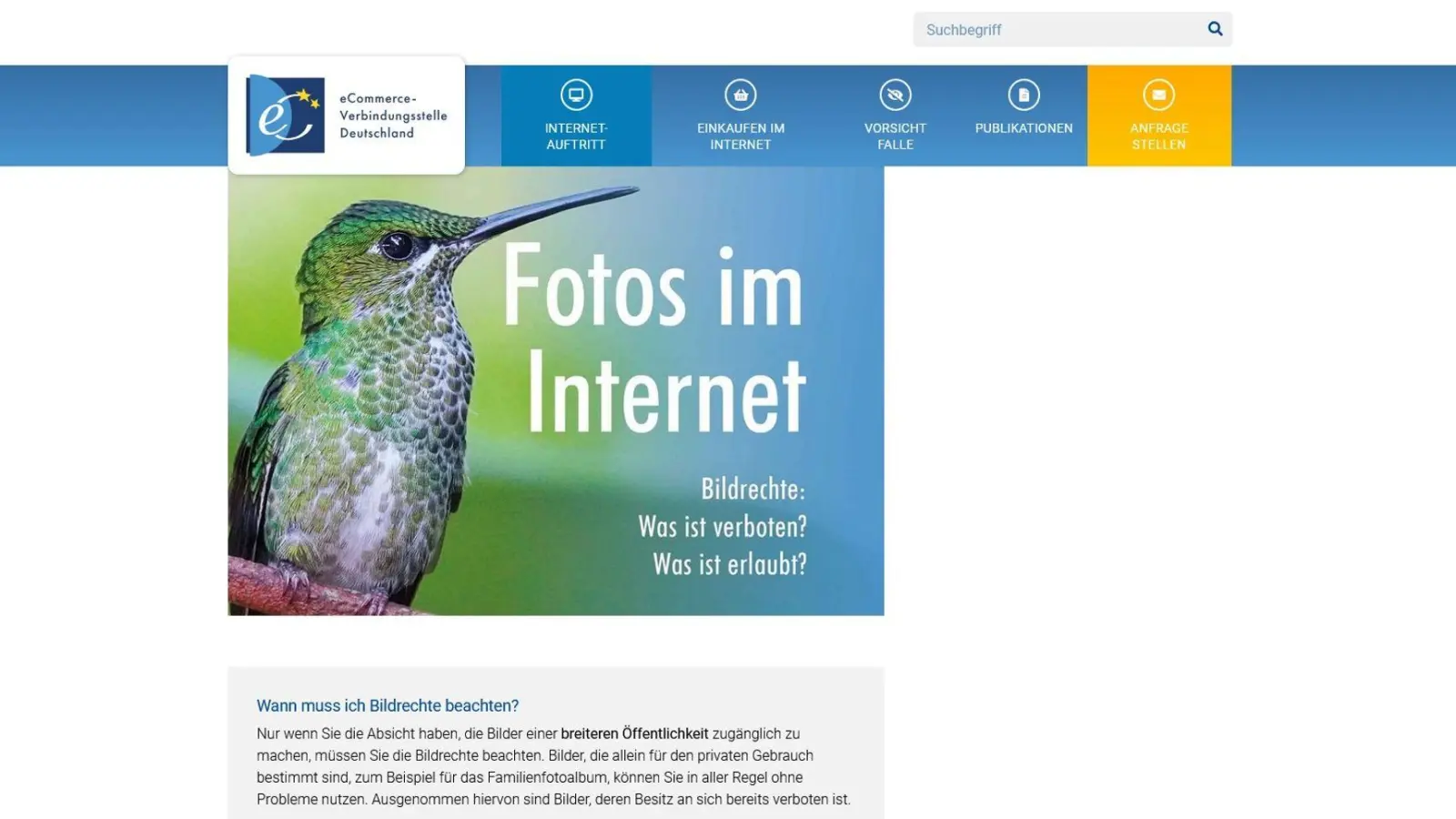 Der Bildrechte-Check bietet eine Schritt-für-Schritt-Abfrage und eine FAQ-Sammlung zu Fotos im Netz. (Foto: ecommerce-verbindungsstelle.de/dpa-tmn/Screenshot)