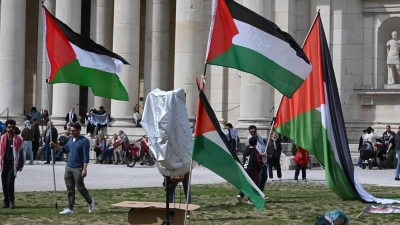 Propalästinensische Demonstranten auf dem Königsplatz in München. (Foto: Felix Hörhager/dpa)