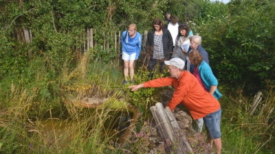 Die seltene Gelbbauchunke hat im Hortus Insectorum von Markus Gastl (vorne) eine Heimat, wovon sich die ehrenamtlichen Gartenbewerter überzeugen konnten. Projektleiterin beim LBV für die vogelfreundlichen Garten ist Carola Bria (links). (Foto: Peter Tippl)