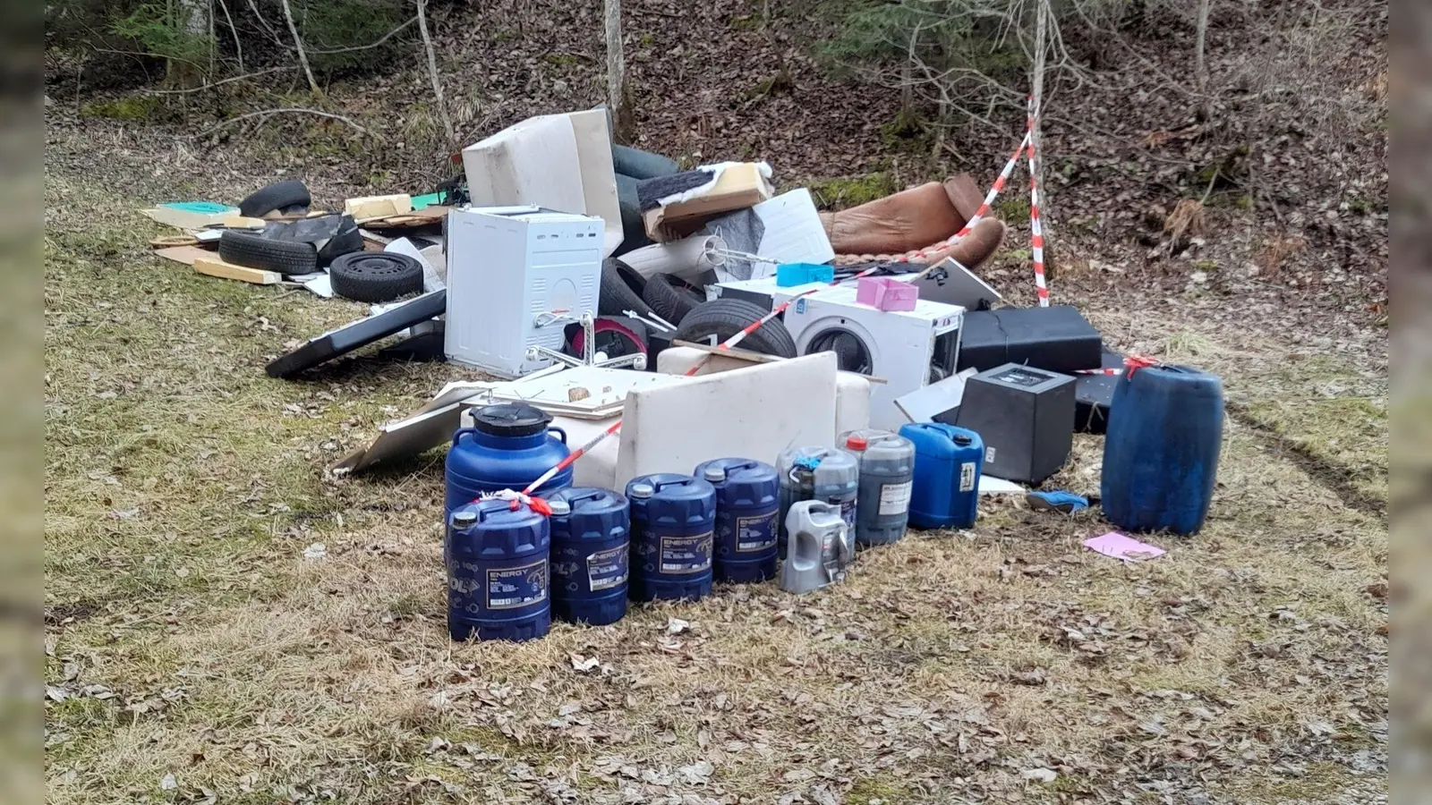 Der riesige Müllberg wurde in einem Wald abgeladen (Foto: -/Polizeipräsidium Ulm/dpa)