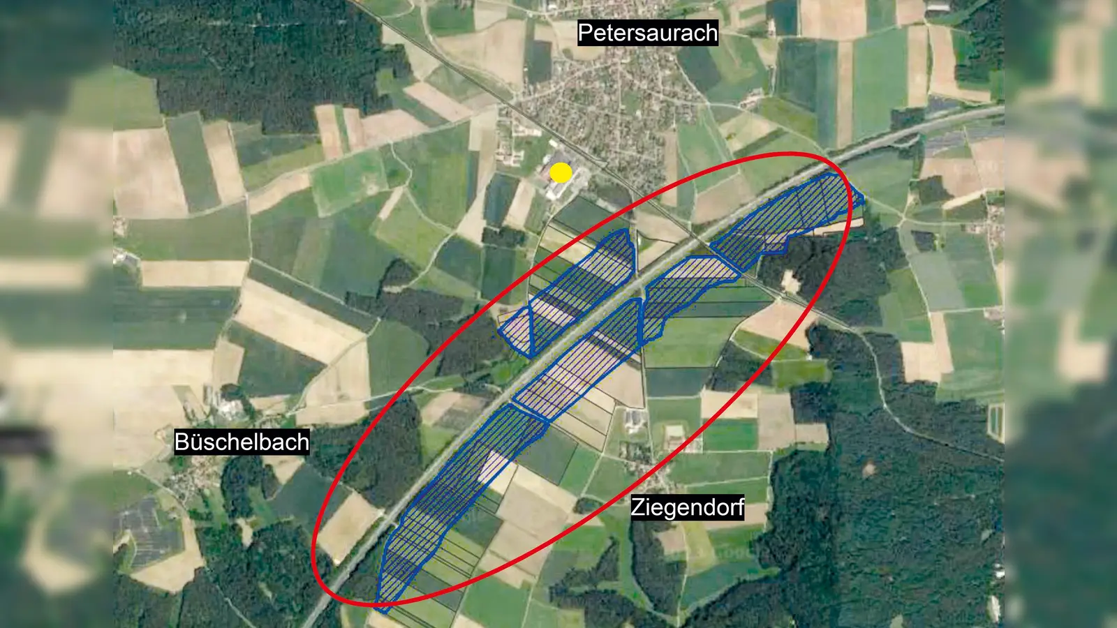 Neben der Autobahn A6 zwischen Petersaurach und Lichtenau könnten bislang landwirtschaftlich genutzte Flächen künftig der Gewinnung von Energie dienen. Das Projekt wurde nun im Gemeinderat vorgestellt. (Grafik: Statkraft)