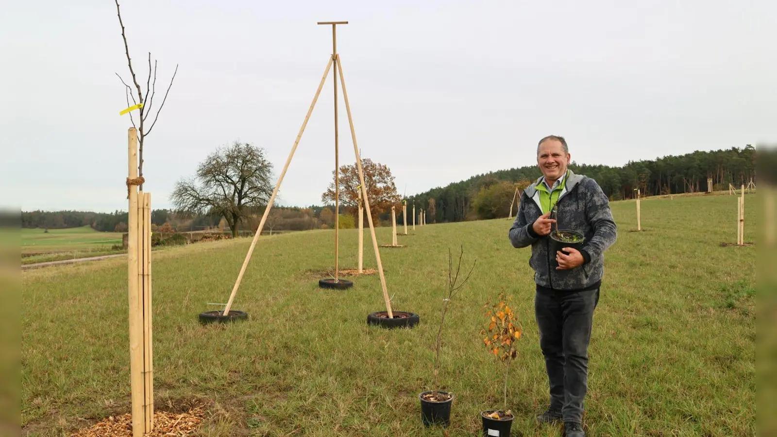 Walter Soldner will einen seiner Äcker in eine Birnen-Streuobstwiese umwandeln. Der Startschuss für seine private Initiative war die Anpflanzung von rund 20 Stämmchen. (Foto: Martina Haas)