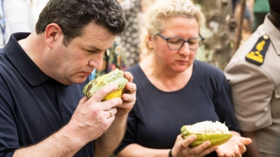 Arbeitsminister Hubertus Heil und Entwicklungsministerin Svenja Schulze haben eine Kakaoplantage in der Elfenbeinküste besucht. (Foto: Christophe Gateau/dpa)