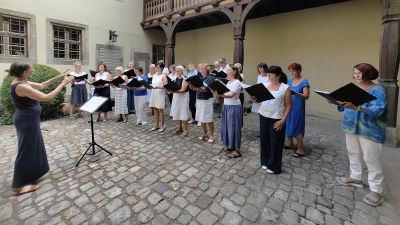 Unter Leitung von Diana Meyer trugen die Sängerinnen und Sänger von TonArt im Innenhof des Hauses der Geschichte sommerliche Lieder aus verschiedenen Zeitepochen vor.  (Foto: Julia Bergmeister)