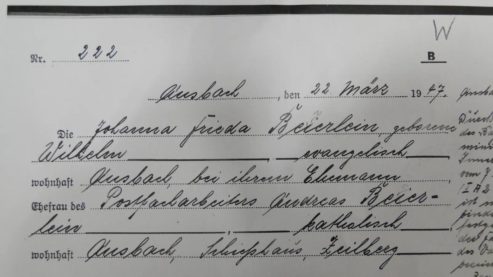 Der Eintrag im Geburtsregister: Am 21. März 1947, um 5.45 Uhr, ist Walter Beyerlein im Schießhaus am Zeilberg geboren. (Repro: Winfried Vennemann)