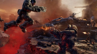 Der Alptraum, wenn sich die Erde auftut: Das Schlachtfeld in „Gears of War: E-Day“ gleicht einem Inferno. (Foto: The Coalition/Xbox Game Studios/dpa-tmn)