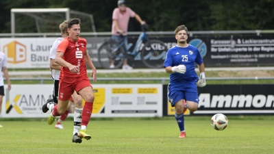 Die Entscheidung ins Dinkelsbühl: Marco Wegert (links) ist auf dem Weg zum 2:0. TSV-Torwart Markus Hofmeier kommt nicht hinterher. (Foto: Martin Rügner)