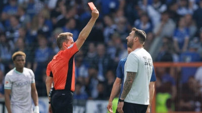 Rot nach dem Schlusspfiff: Tobias Stieler bestraft den Trainer Mitch Kniat für eine provokante Aussage. (Foto: Friso Gentsch/dpa)