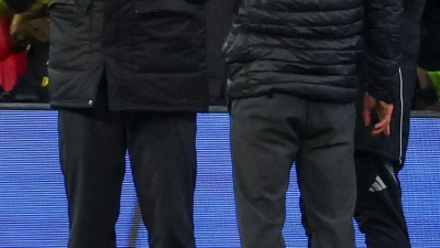 Sportdirektor Sebastian Kehl und Trainer Niko Kovac diskutieren mit dem vierten Offiziellen Robert Hartmann. (Foto: Jan Woitas/dpa)