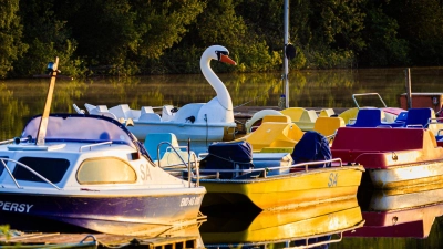 Boote, darunter ein Tretboot in Schwan-Optik, liegen im Licht der aufgehenden Sonne an einem Steg im Altwarmbüchener See. (Foto: Moritz Frankenberg/dpa)