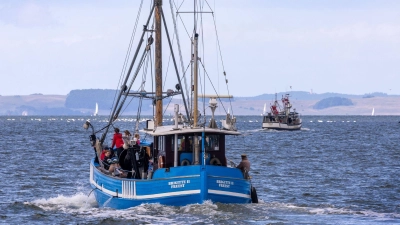 Fischkutter fahren vom Meeresarm Peenestrom auf die Ostsee. (Foto: Jens Büttner/dpa)