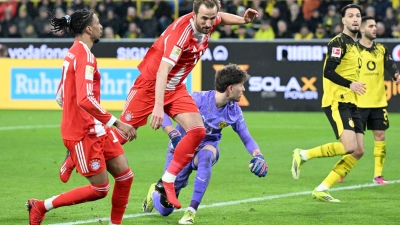 Harry Kane (2. v. l.) traf auch gegen den BVB. (Foto: Federico Gambarini/dpa)