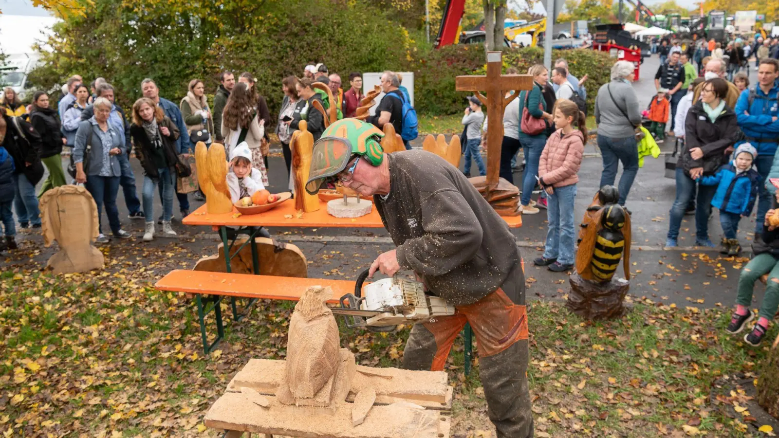 Schnitzen mit der Motorsäge: Geräuschvoll pellt sich da ein Vogel aus dem Holz. (Foto: Mirko Fryska)