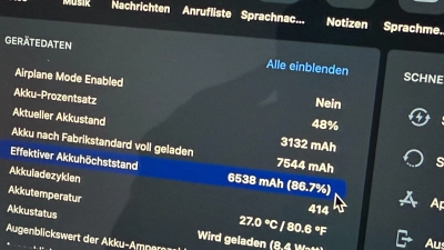 Das Programm iMazing zeigt: Dieses 5 Jahre alte iPad Pro hat noch 86,7 Prozent seiner ursprünglichen Akkukapazität.  (Foto: Till Simon Nagel/dpa-tmn)