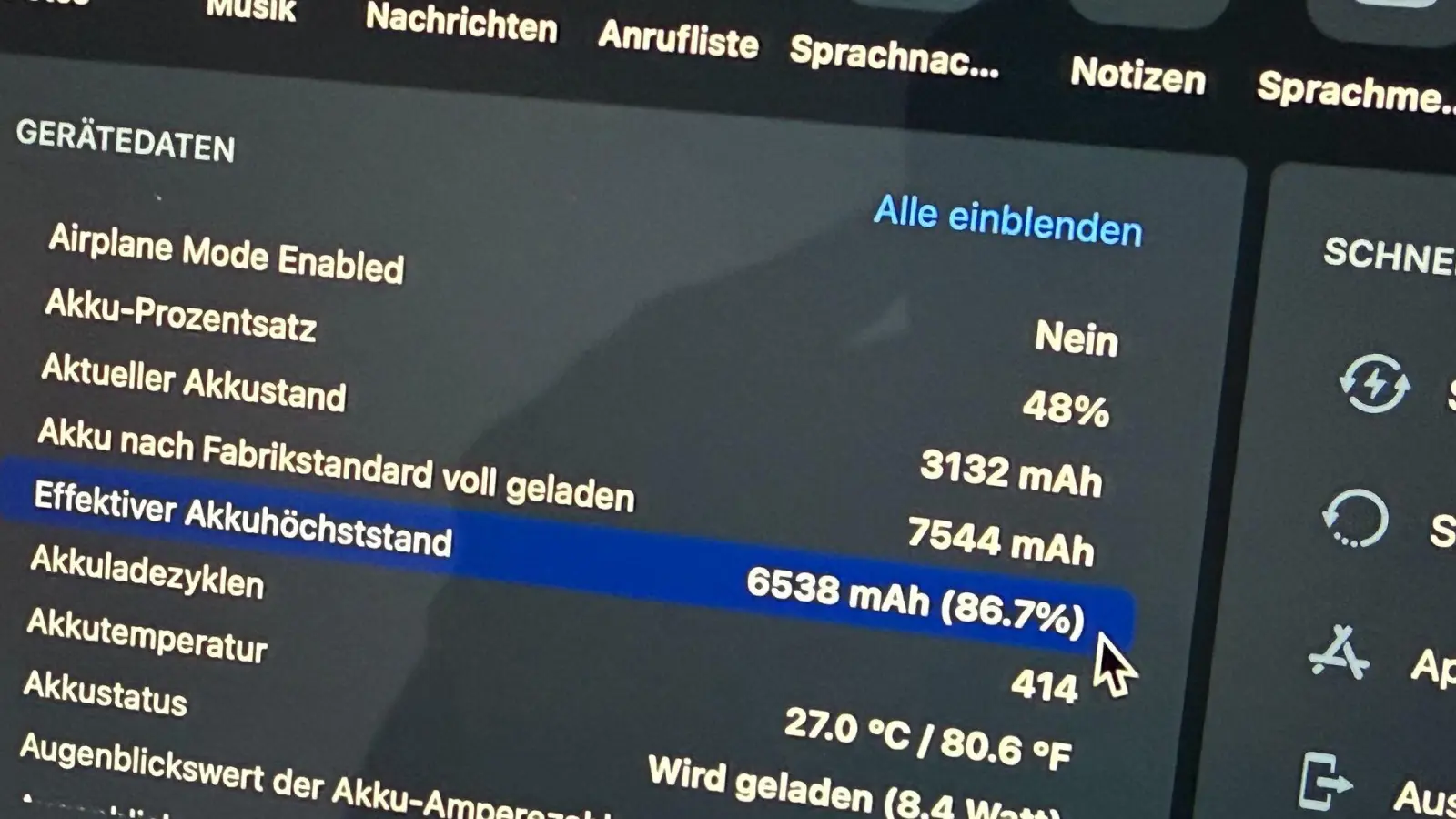 Das Programm iMazing zeigt: Dieses 5 Jahre alte iPad Pro hat noch 86,7 Prozent seiner ursprünglichen Akkukapazität.  (Foto: Till Simon Nagel/dpa-tmn)