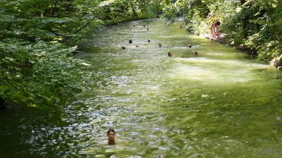 Im Eisbach im Englischen Garten in München besteht ein generelles Badeverbot - das Eisbach-Surfen an der Welle beim Haus der Kunst ist hingegen erlaubt. (Archivbild) (Foto: Angelika Warmuth/dpa)