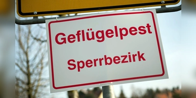 An einem Ortseingangsschild hängt ein Schild mit der Aufschrift „Geflügelpest Sperrbezirk“. (Foto: Arno Burgi/dpa-Zentralbild/dpa/Symbolbild)