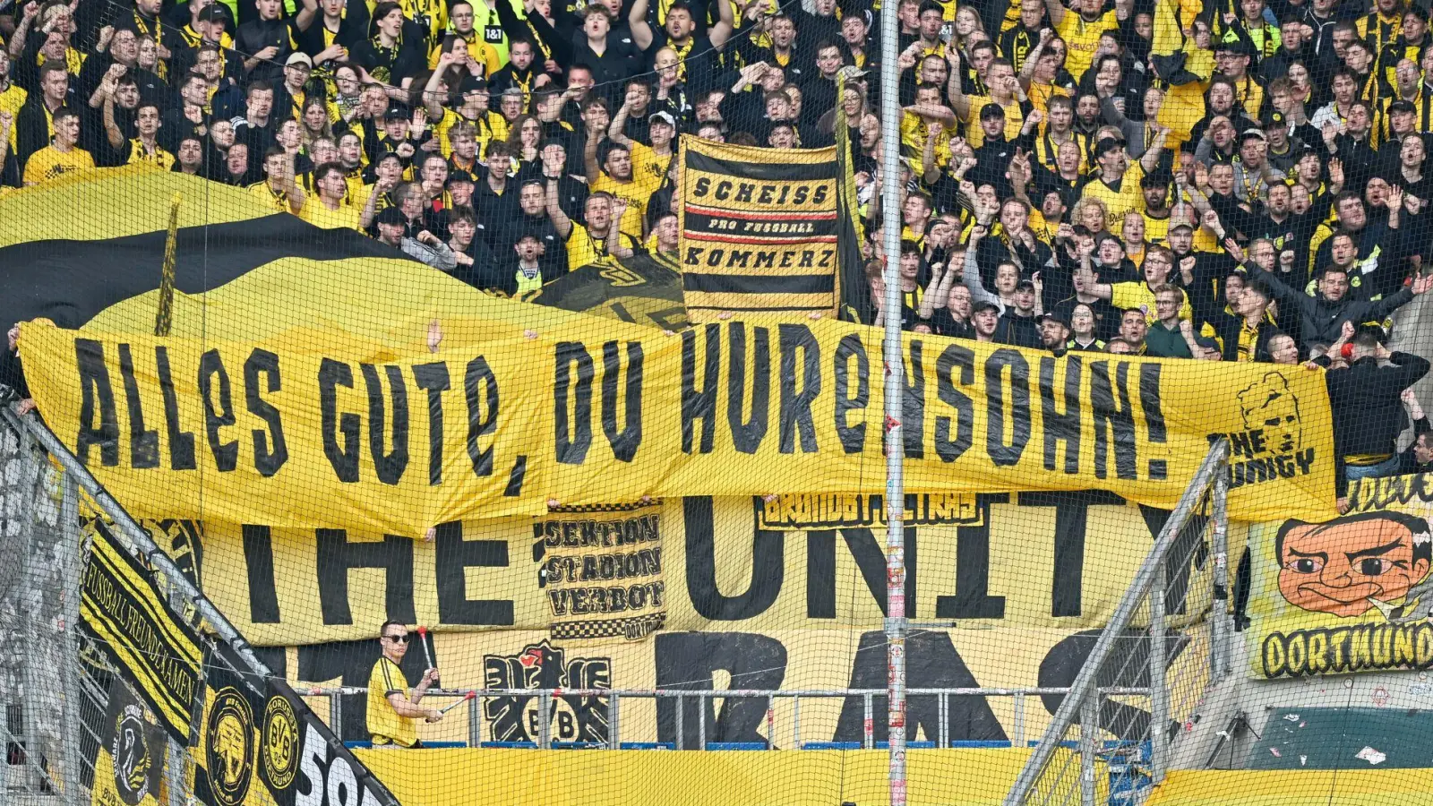 BVB-Fans zeigen ein Transparent gegen den langjährigen Hoffenheim-Mäzen Dietmar Hopp in Sinsheim. (Foto: Uwe Anspach/dpa)