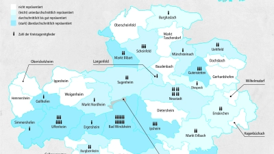 Einige Kommunen sind, gemessen an ihrer Einwohnerzahl, im Kreistag äußerst stark repräsentiert, viele jedoch gar nicht. (Grafik: Miriam Theis und Susanne Pöhlmann)