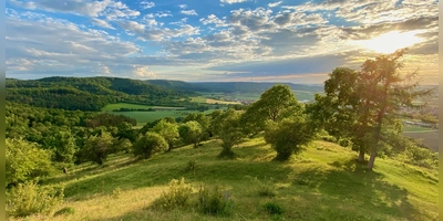 Auf dem rund 500 Meter hohen Gipfel des Petersbergs, liegen Wanderern das Aischtal und der Steigerwald zu Füßen.  (Foto: Manfred Blendinger)