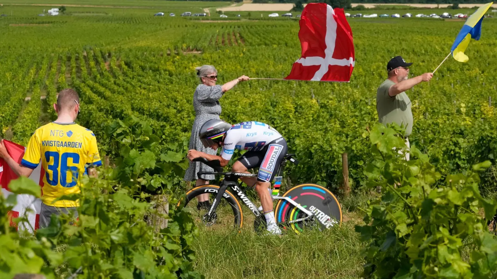 Der belgische Etappensieger Remco Evenepoel fährt durch die Weinberge. (Foto: Jerome Delay/AP/dpa)