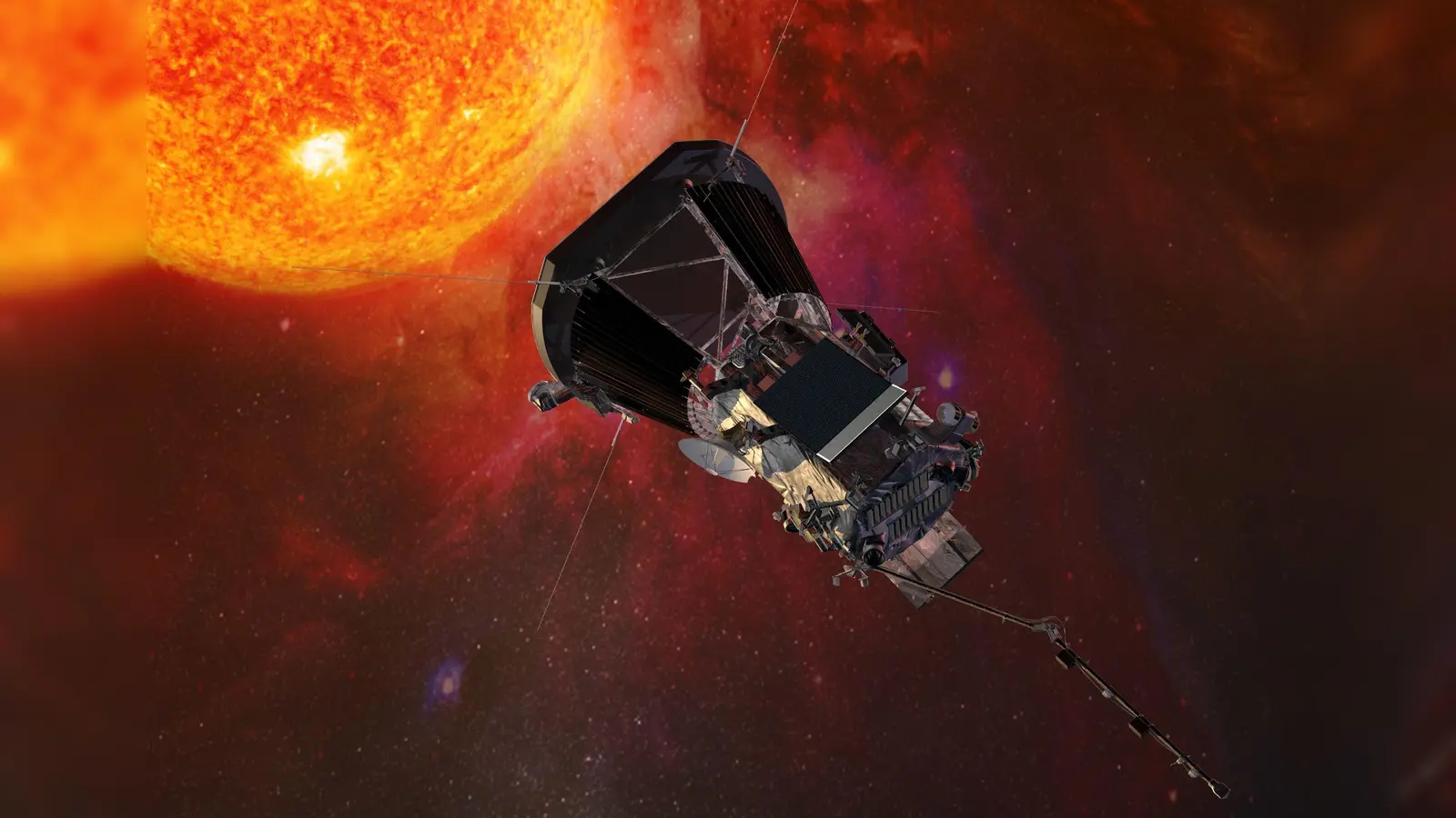 Die Computergrafik zeigt die „Parker Solar Probe“-Sonde der US-Raumfahrtbehörde Nasa auf dem Weg zur Sonne. (Foto: Johns Hopkins University Applied Physics Laboratory/Nasa/dpa)