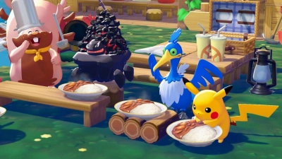 Das von Chefkoch Schlaraffel (zweiter von links) zubereitete Essen ist angerichtet und die Pokémon genießen es gemeinsam - guten Appetit! (Foto: Pokémon Company/dpa-tmn)