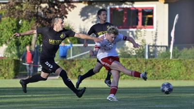 Volltreffer: Julius Schöniger (rechts) erzielt hier das 2:1 für Neuendettelsau gegen Lauterhofen (links Markus Meier, hinten Achim Meyer). (Foto: Martin Rügner)