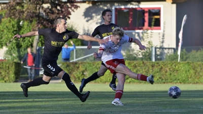Volltreffer: Julius Schöniger (rechts) erzielt hier das 2:1 für Neuendettelsau gegen Lauterhofen (links Markus Meier, hinten Achim Meyer). (Foto: Martin Rügner)