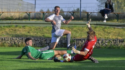 Der A-Klassist TSV Lehrberg (oben Patrick Freitag) wehrte sich tapfer gegen eine ersatzgeschwächte SG Herrieden (Luca Lenz und Torwart Nico Brinschwitz). Am Ende gewann der Bezirksligist jedoch knapp mit 2:1. (Foto: Martin Rügner)