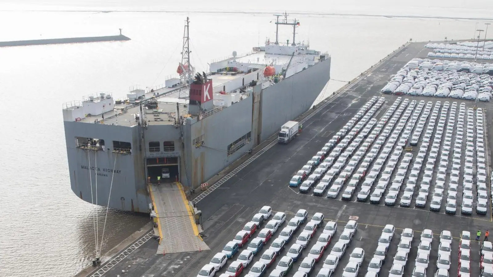 Fahrzeuge des Volkswagen Konzerns stehen im Hafen von Emden zur Verschiffung bereit. Volkswirte haben Deutschland als Wirtschaftsstandort ein schlechtes Zeugnis ausgestellt (Symbolbild). (Foto: Jörg Sarbach/dpa)