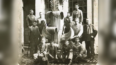 Die Handwerker der Ansbacher Kunstschlosserei Popp präsentieren auf dieser Aufnahme aus dem Jahr 1924 stolz das neue Turmkreuz für die Ludwigskirche. (Repro: Alexander Biernoth)