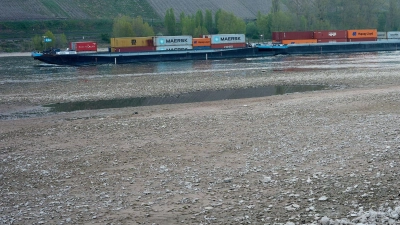 Niedriger Wasserstand nach Regenmangel am Rhein: Ein Frachtschiff passiert den Rhein bei Osterspai.  (Foto: Thomas Frey/dpa)