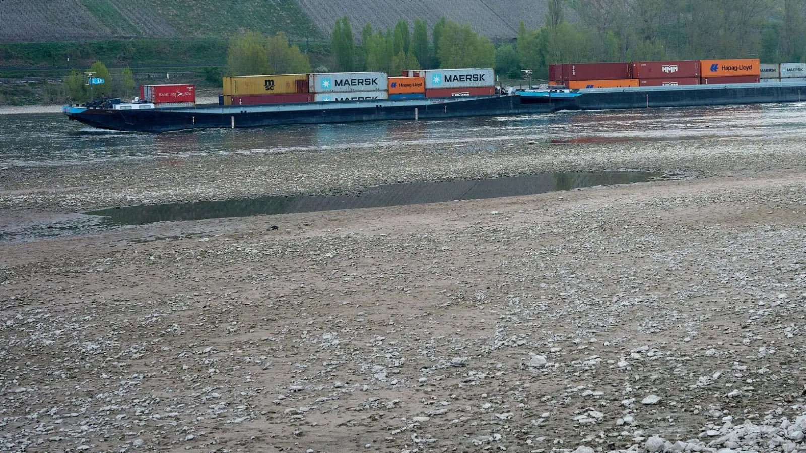 Niedriger Wasserstand nach Regenmangel am Rhein: Ein Frachtschiff passiert den Rhein bei Osterspai.  (Foto: Thomas Frey/dpa)