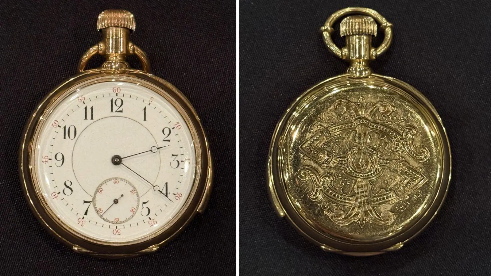 Eine goldene Titanic-Taschenuhr wurde für den Rekordpreis von mehr als 2 Millionen Euro versteigert. (Handout) (Foto: -/Henry Aldridge And Son Ltd/PA Media/dpa)