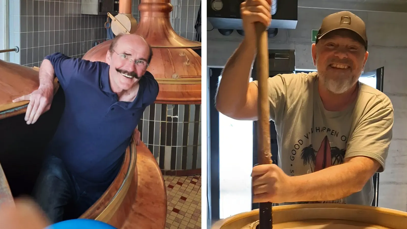 Jürgen Friedrich hat Spaß beim Reinigen des Sudkessels, Karl Willig hat sich das Rezept zu seinem Altstadtfestbier in einer Ausbildung entwickelt. (Fotos: Martin Lehr, privat)