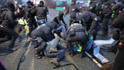 Polizisten räumen eine Sitzblockade am Rande einer Demonstration gegen den Bundesparteitag der AfD.  (Foto: Jan Woitas/dpa)