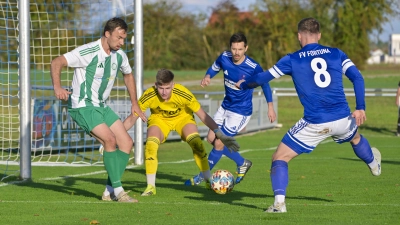 Mit 2:5 unterlag der FV Fortuna Neuses (Torwart Zakhar Khyzhniak, rechts Nico Henninger) dem FV Uffenheim (links Tobias Kreischer). Am Samstag muss die Fortuna zum Lokalderby nach Burgoberbach, der FVU empfängt am Sonntag den TSV Greding. (Foto: Martin Rügner)