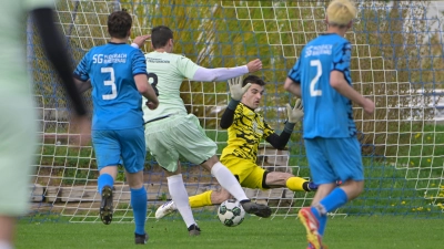 Der Siegtreffer für Neuhof/Trautskirchen: Dustin Mahlein (hellgrünes Trikot) überwindet den Mosbacher Torwart Joshua Perlefein. (Foto: Martin Rügner)