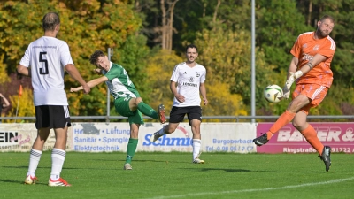 Veit Eyrisch (in Grün) trifft hier zum 1:0 für Burgoberbach gegen den VfB Schillingsfürst. Von links Jürgen Büttner, Marco Gehring und Torwart Daniel Schmidt. (Foto: Martin Rügner)