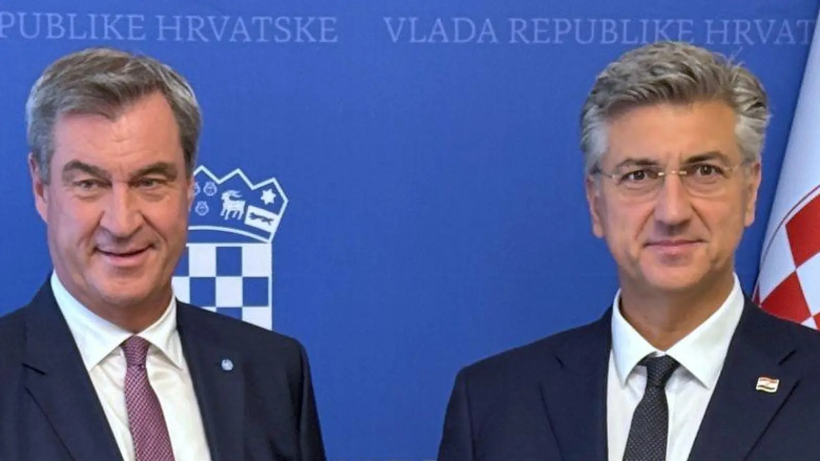 Markus Söder (l) trifft in Zagreb den kroatischen Premierminister Andrej Plenković. (Foto: Christoph Trost/dpa)