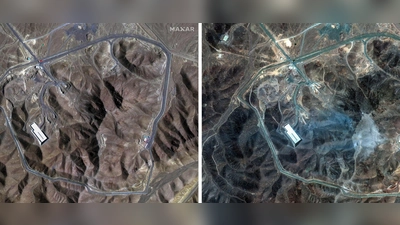 Das Satellitenbild zeigt die mutmaßlichen Einschlaglöcher der US-Bomben. (Archivbild) (Foto: Uncredited/Maxar Technologies via AP/dpa)
