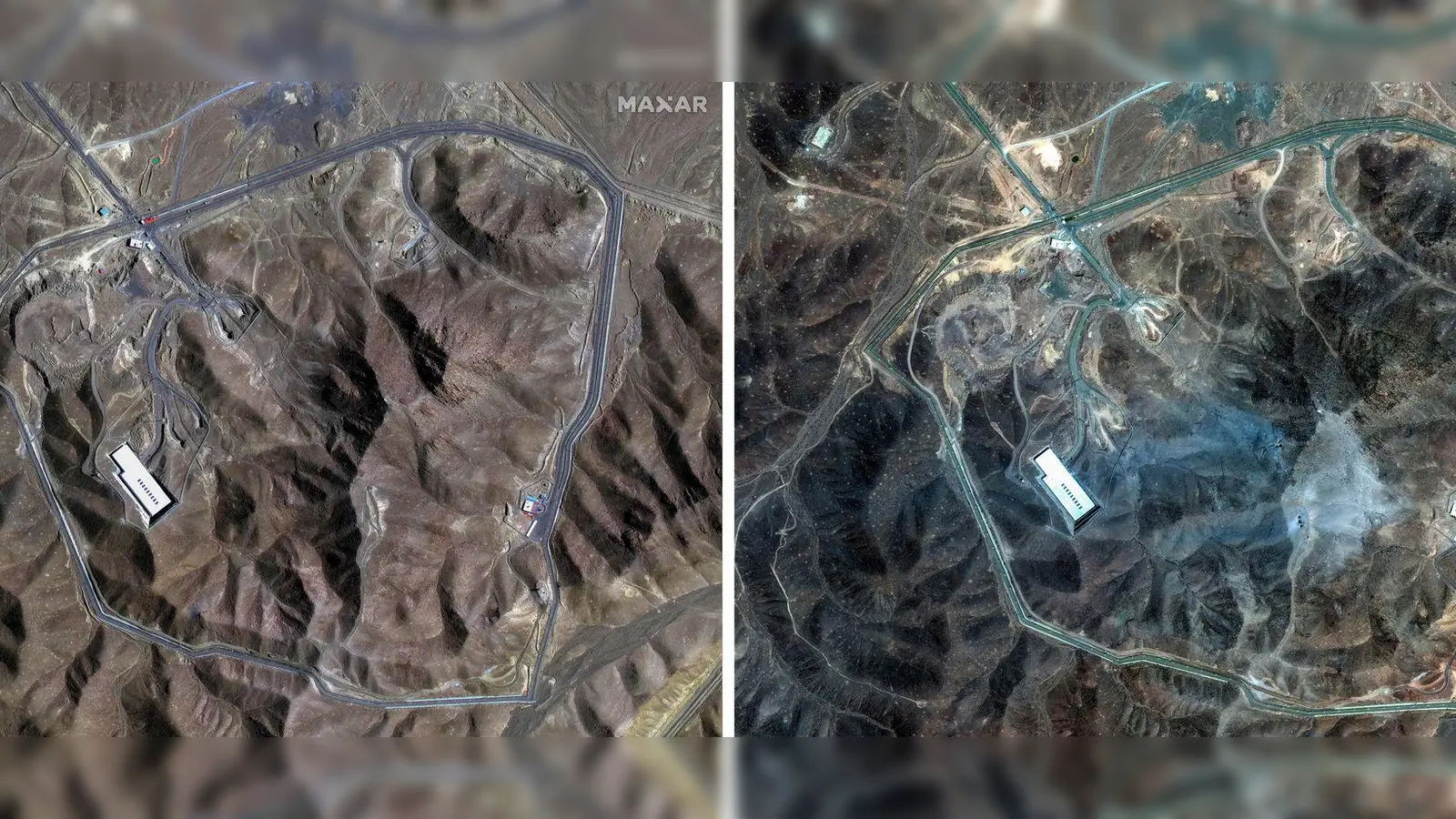 Das Satellitenbild zeigt die mutmaßlichen Einschlaglöcher der US-Bomben. (Archivbild) (Foto: Uncredited/Maxar Technologies via AP/dpa)