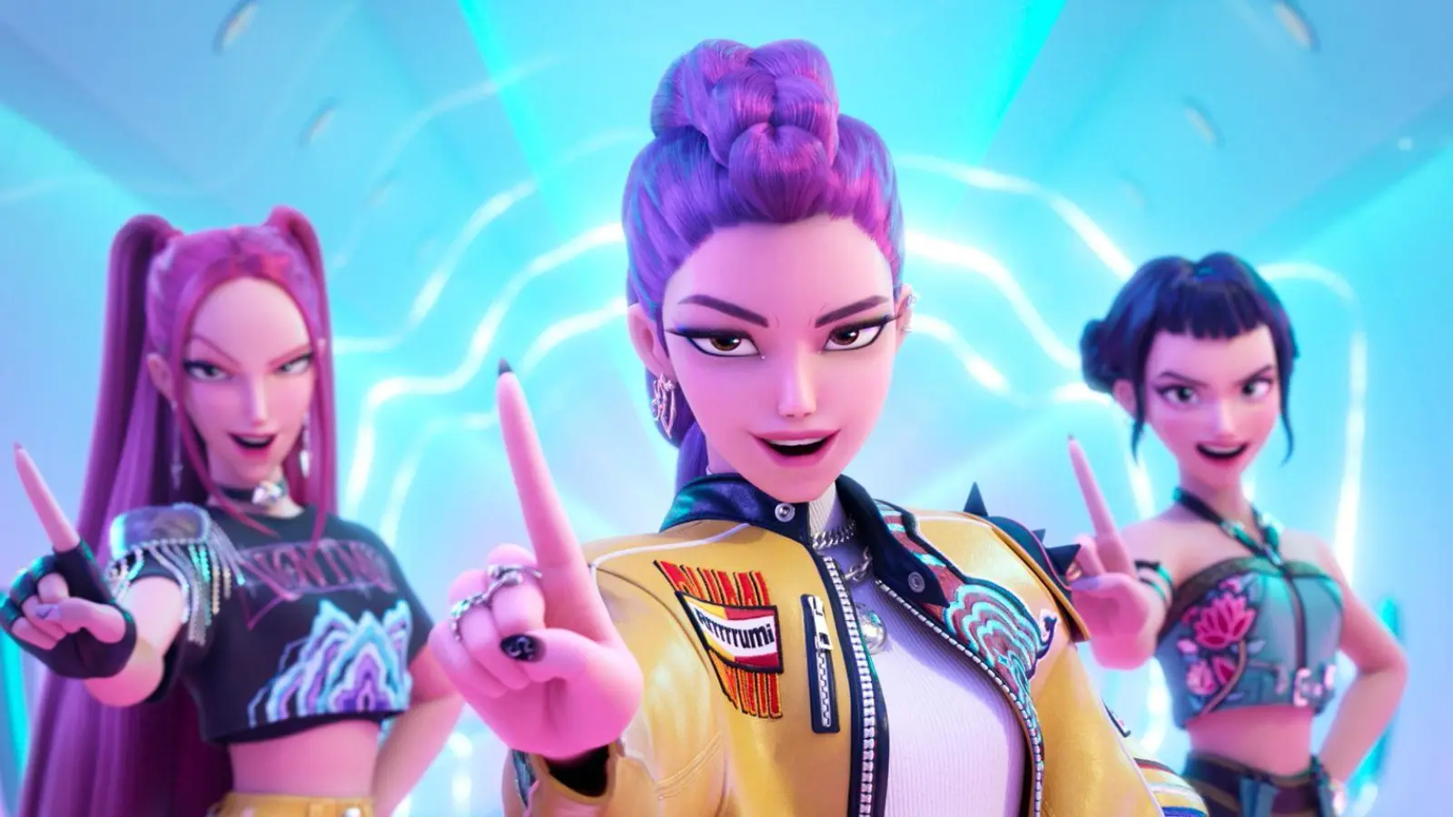 Mira (Stimme von May Hong, l-r), Rumi (Stimme von Arden Cho) und Zoey (Stimme von Ji-Young Yoo) - eine Szene aus „KPop Demon Hunters“ (undatiert).  (Foto: -/©2025 Netflix/dpa)