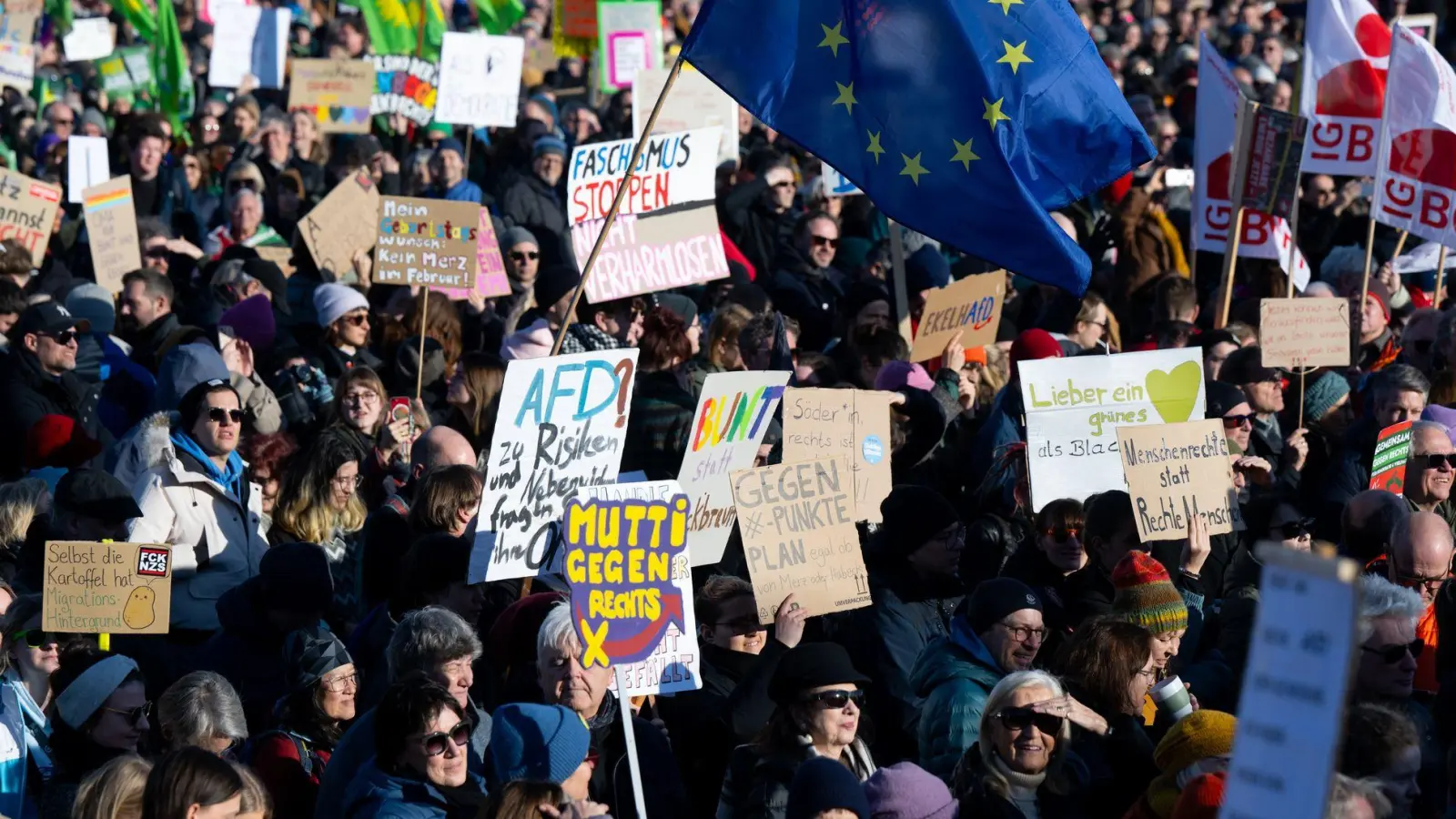 Hunderttausende Menschen kamen auf die Theresienwiese, um an einer Kundgebung gegen Rechtsextremismus teilzunehmen.  (Foto: Sven Hoppe/dpa)