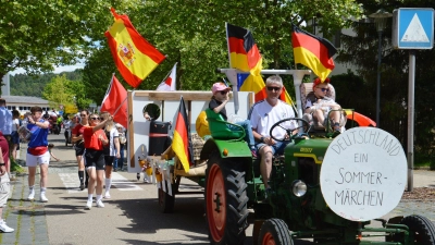 Die Fußballeuropameisterschaft in Deutschland war 2024 auch beim Volksfestumzug in Wassertrüdingen Thema. In diesem Jahr herrschte beim Heimat- und Volksfest Umzugspause, was sich negativ auf den Besuch des Festplatzes auswirkte. (Foto: Peter Tippl)