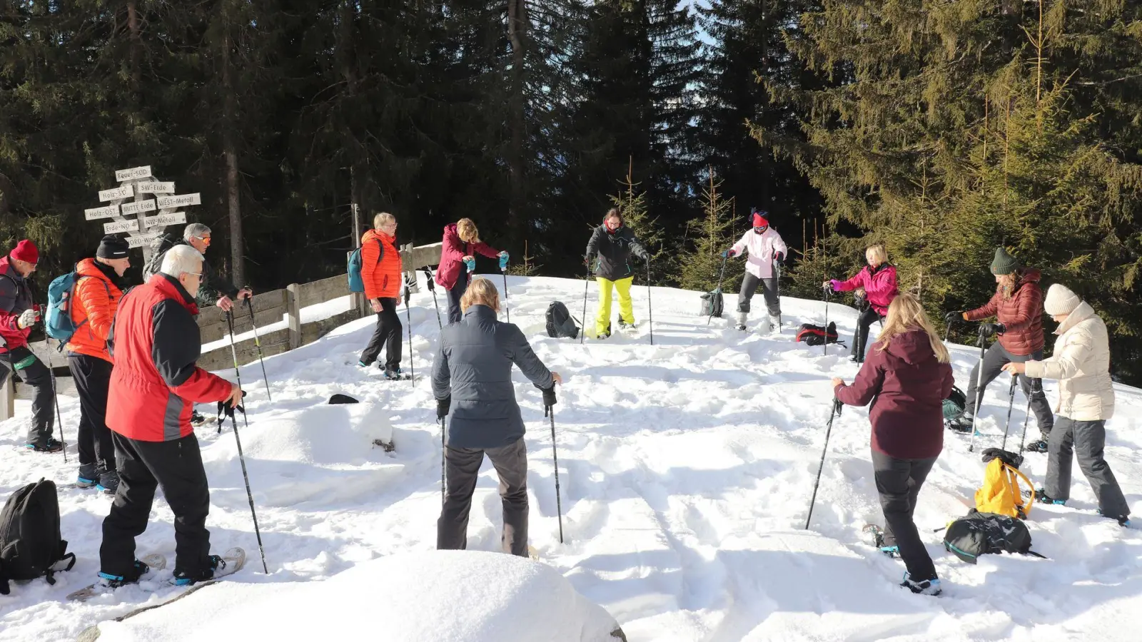 „Bewusstes Sein“ in der Bergluft Tirols: Gruppe beim Schneeschuh-Yoga im Karwendel. (Foto: Deike Uhtenwoldt/dpa-tmn)